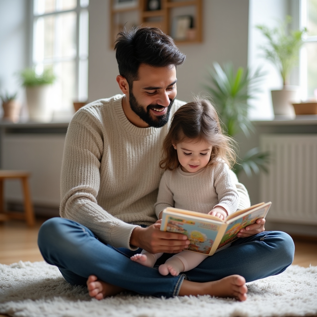 Vater sitzt mit Kleinkind am Boden und schaut gemeinsam ein Buch an