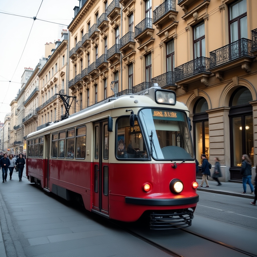 Straßenbahn fährt an einem historischen Gebäude in Wien vorbei