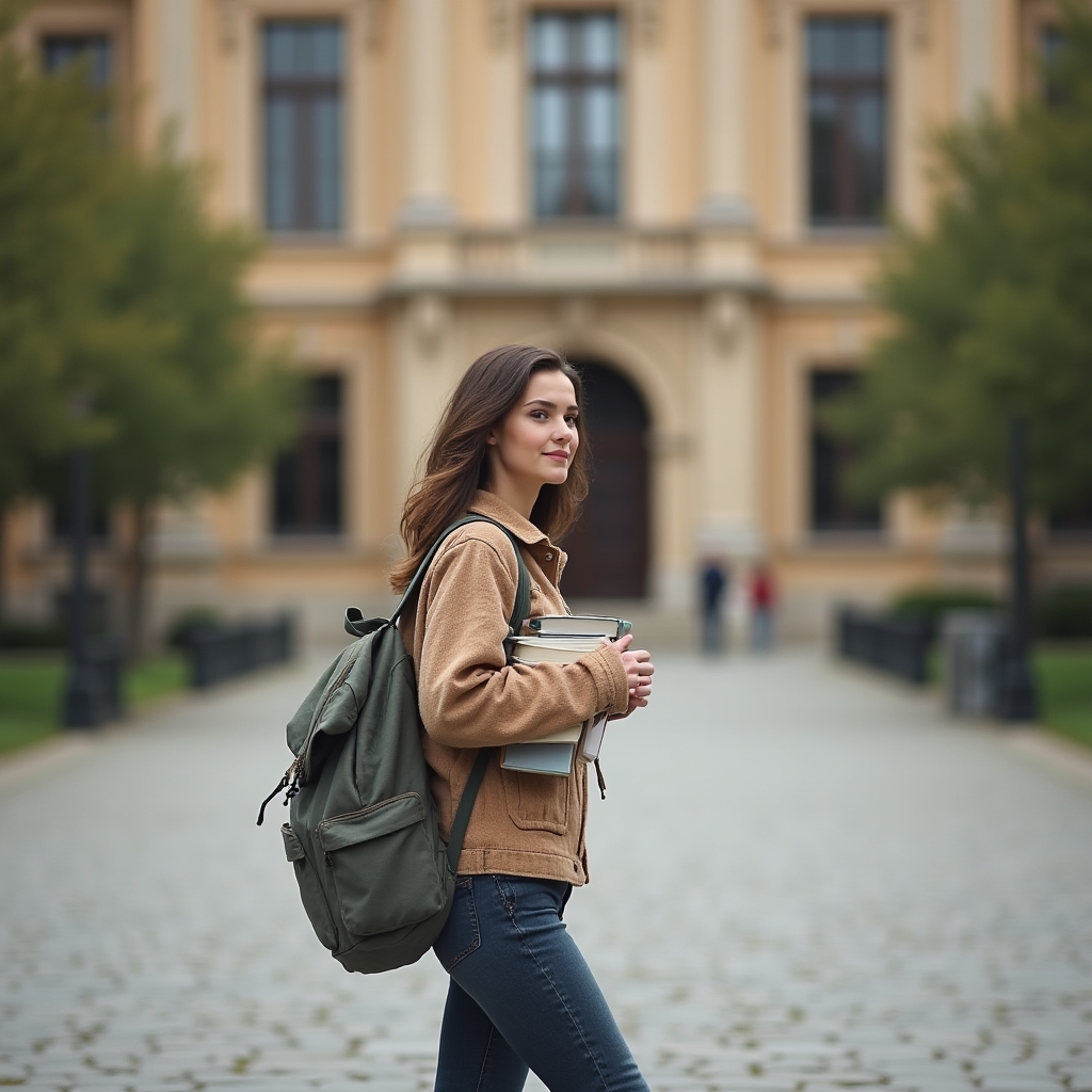 Studentin mit Rucksack geht über einen Campus in Wien, Universitätsgebäude im Hintergrund